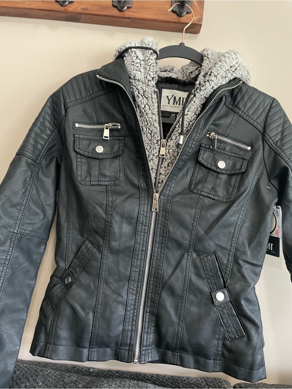 YMI Collection Mabel Black Faux Leather Moto Jacket Sherpa Hood Medium
NWT